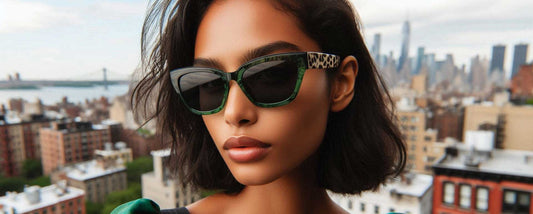 brunette woman wearing leopard print sunglasses on a roof top terrace overlooking manhattan skyline