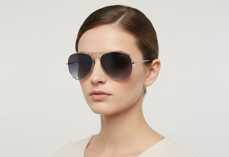 Woman wearing dark aviator sunglasses against a plain background