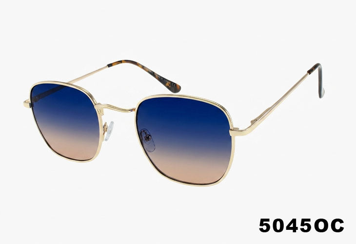 Sunglasses with gold frame and blue gradient lenses on a white background