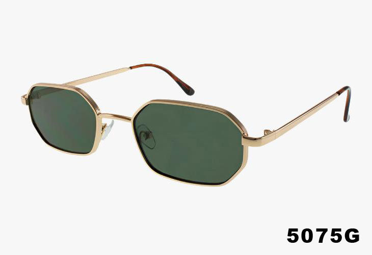 Gold-framed sunglasses with green lenses on a white background