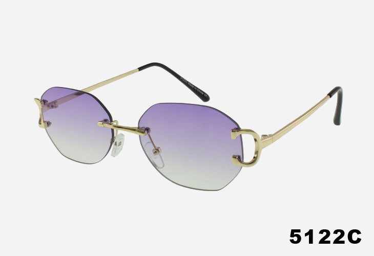 Sunglasses with gold frame and purple gradient lenses on a white background