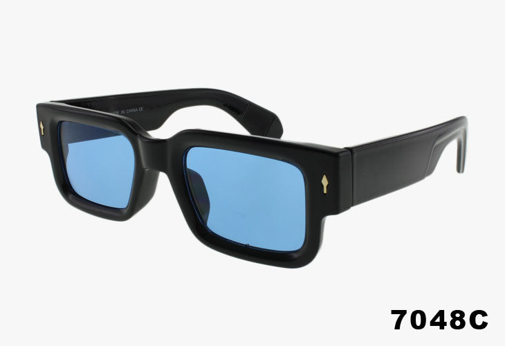 Thick black rectangular frame sunglasses with blue lens