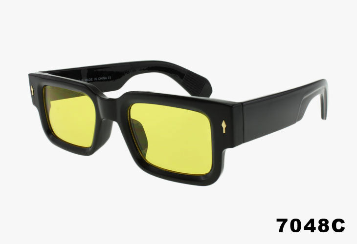 Thick black rectangular frame sunglasses with yellow lens