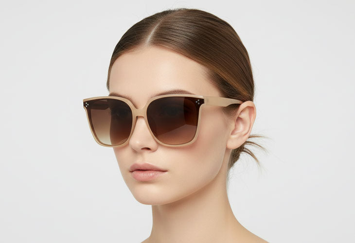 Sunglasses worn by a model on a light gray background