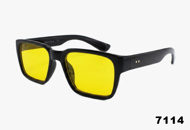 Black-framed sunglasses with yellow lenses on a white background