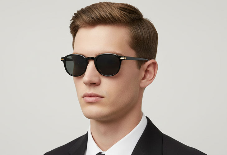 Man wearing black sunglasses and a suit on a light gray background