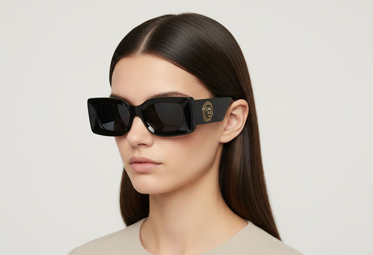 Woman wearing black square frame sunglasses