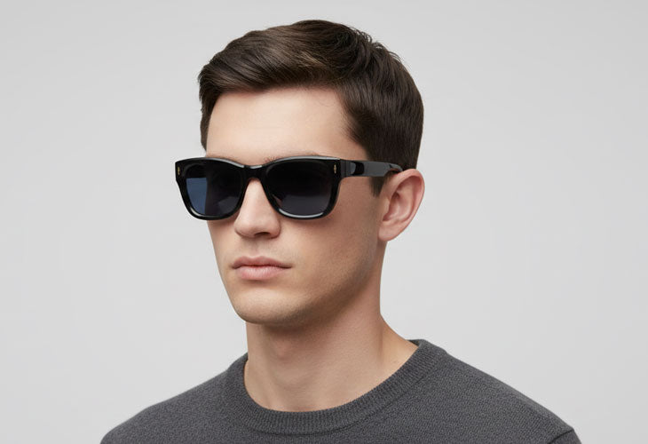 Man wearing black sunglasses with a plain background