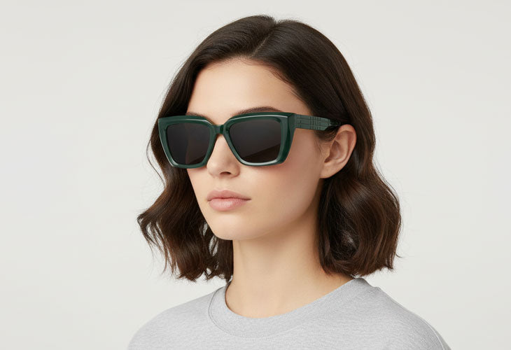 Woman wearing green sunglasses against a plain background