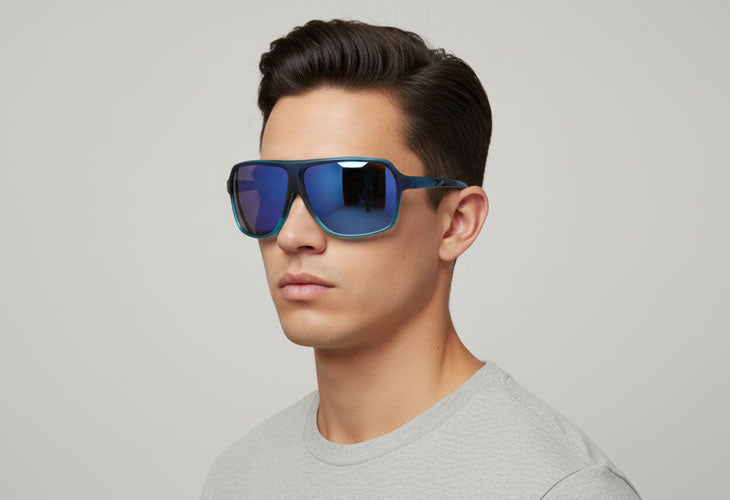 Man wearing blue reflective sunglasses against a plain background