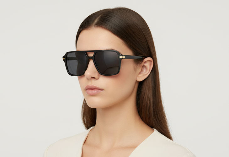Woman wearing black sunglasses against a light background