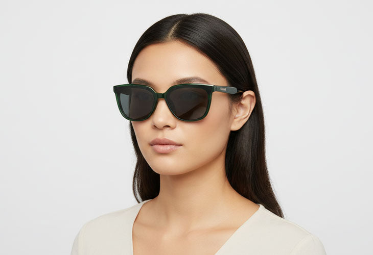 Woman wearing dark sunglasses against a light background