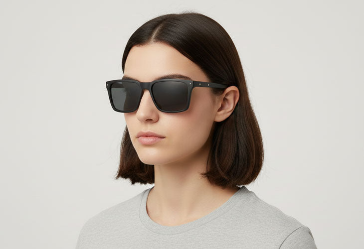Woman wearing black sunglasses with a plain background