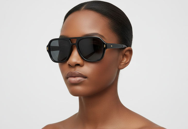 Woman wearing black sunglasses against a plain background
