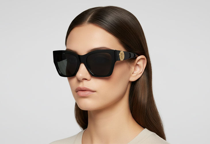 Woman wearing a pair of black sunglasses with a brand logo on a light gray background