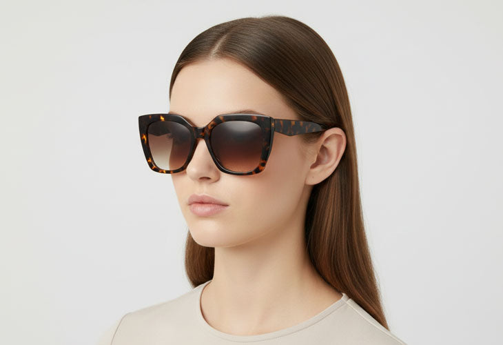 Woman wearing tortoiseshell sunglasses against a plain background