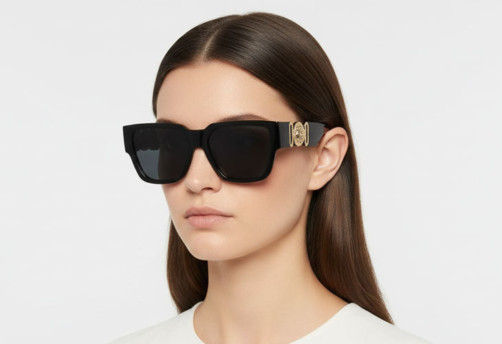 Woman wearing black sunglasses with a gold frame on a light gray background