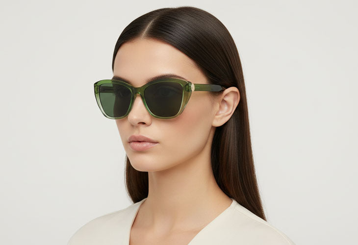 woman wearing green cat eye style sunglasses