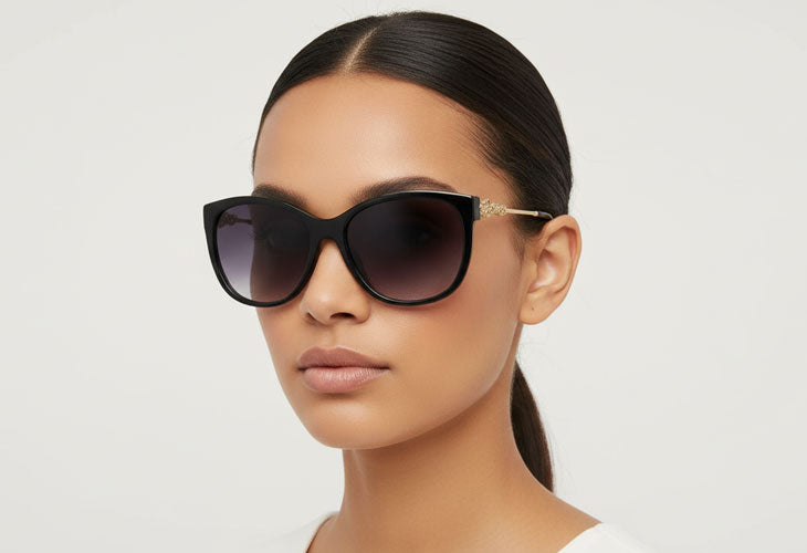 Woman wearing black sunglasses with a plain background