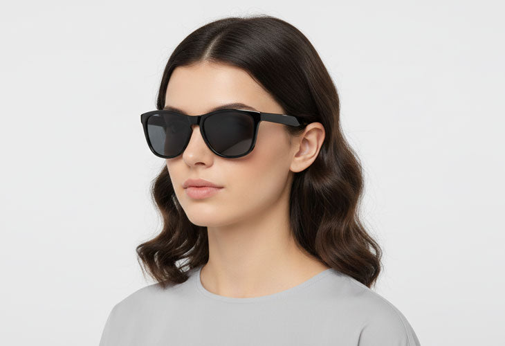 Woman wearing black sunglasses with a plain background