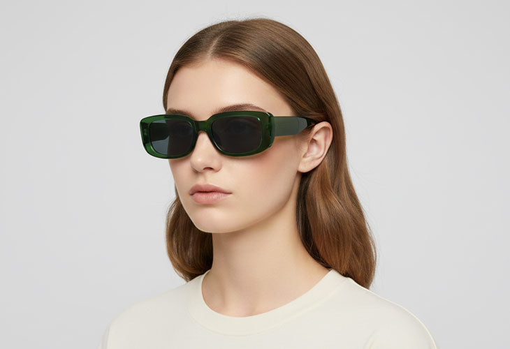 Woman wearing green sunglasses against a plain background