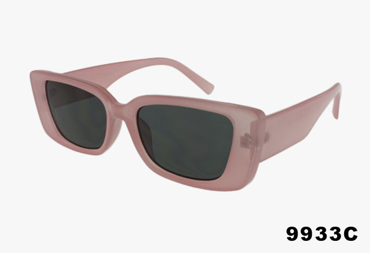 Pink sunglasses with dark lenses on a white background