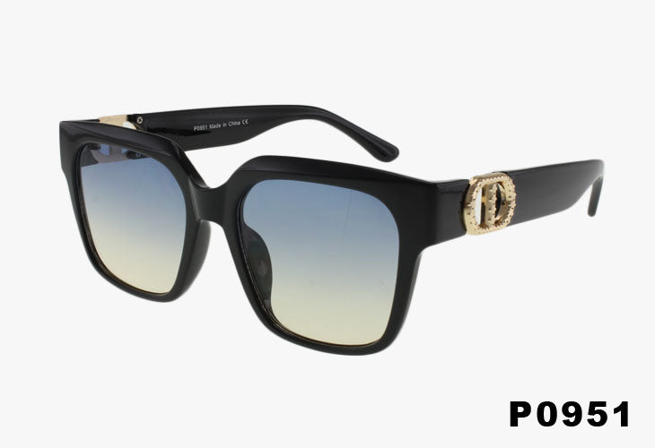 black frame square sunglasses with gradient blue to yellow lens and metal component at the hinge