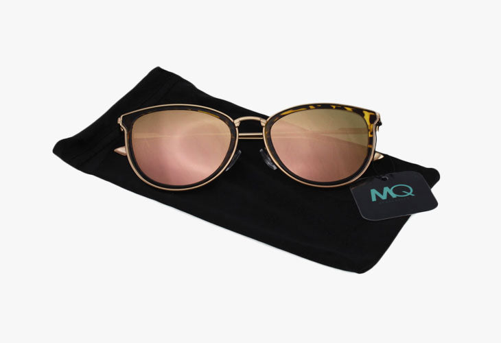 one piece of black microfiber sunglasses pouch with drawstring closure and pair of pink mirror lens sunglasses on top