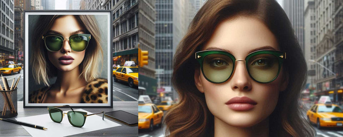 collage of sunglasses designs and model wearing them on the streets of NYC with taxi cabs in the background