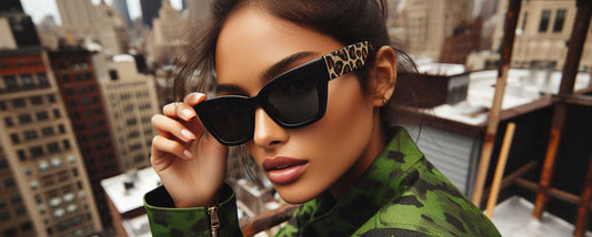 brunette woman wearing leopard print sunglasses on a roof top terrace overlooking manhattan skyline