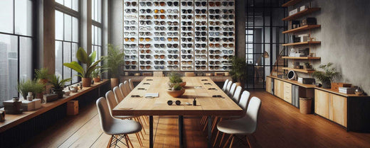 new york city office with large table in the middle and wall mounted sunglasses displays and wall of windows