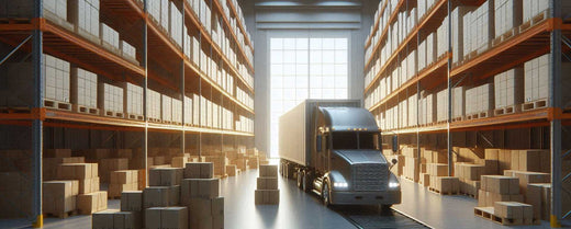 large warehouse with walls of tall pallet racks filled with boxes and a tractor trailer parked by the large drive in gate