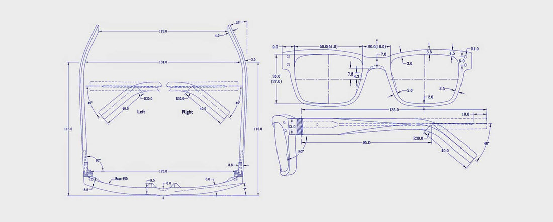 technical cad of sunglasses frame with measurements