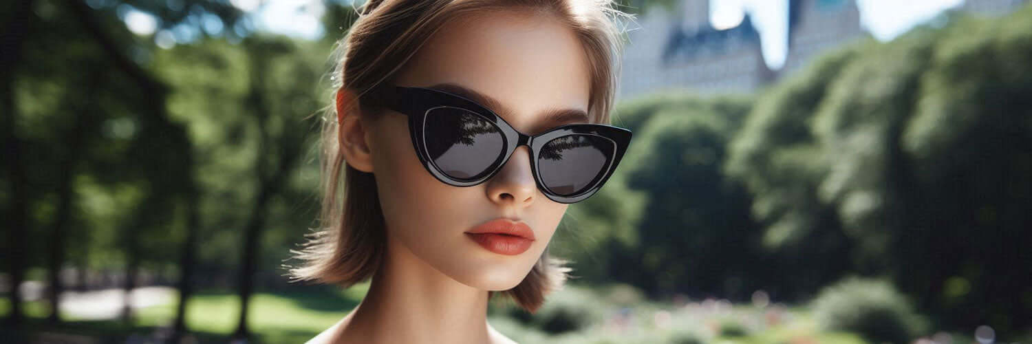 woman wearing black cat eye sunglasses in NYC's central park with green trees and buildings in the background