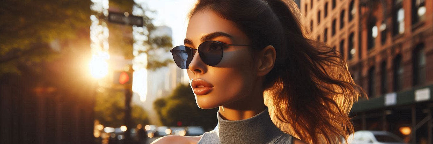 woman wearing sunglasses and athleisure clothing in new york city street with sunset in the background