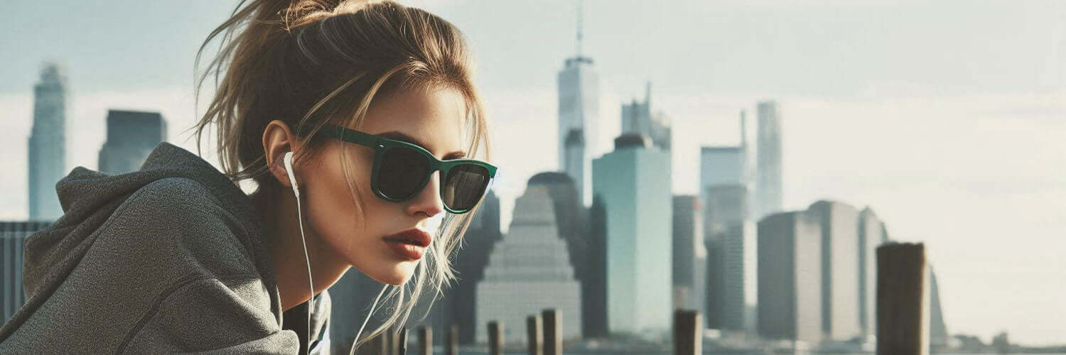 woman wearing athleisure clothing and green sunglasses and headphones overlooking downtown new york city skyline