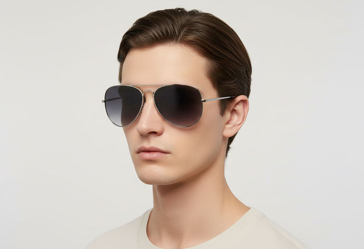 Man wearing dark aviator sunglasses against a plain background