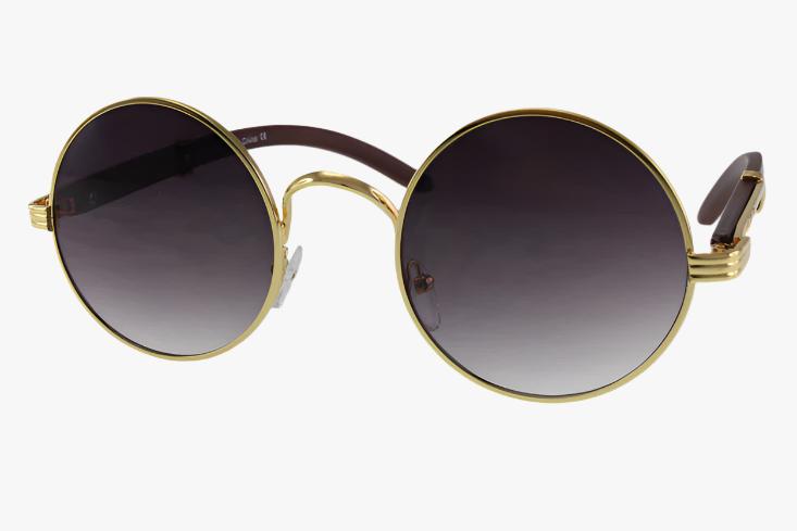 gold frame black lenses Wholesale Metal Round With Faux Wood Temple Sunglasses