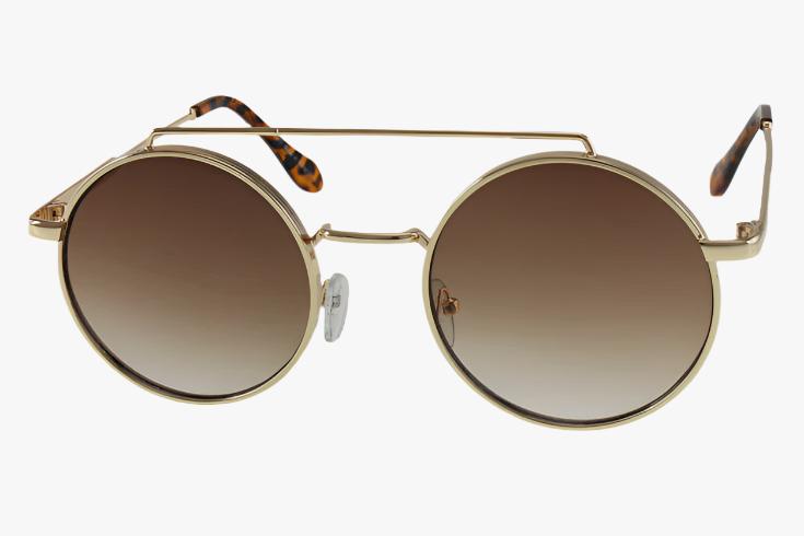 brown Wholesale Round Double Bridge Metal Sunglasses