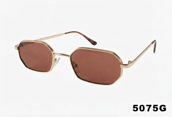Gold-framed sunglasses with brown lenses on a white background