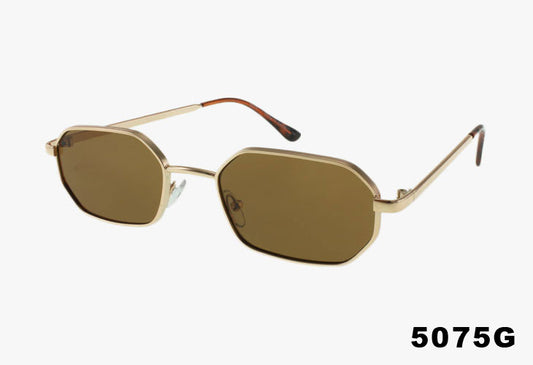 Gold-framed sunglasses with brown lenses on a white background