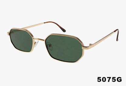 Gold-framed sunglasses with green lenses on a white background
