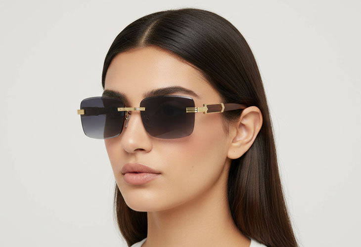 Woman wearing gold-framed sunglasses with a plain background