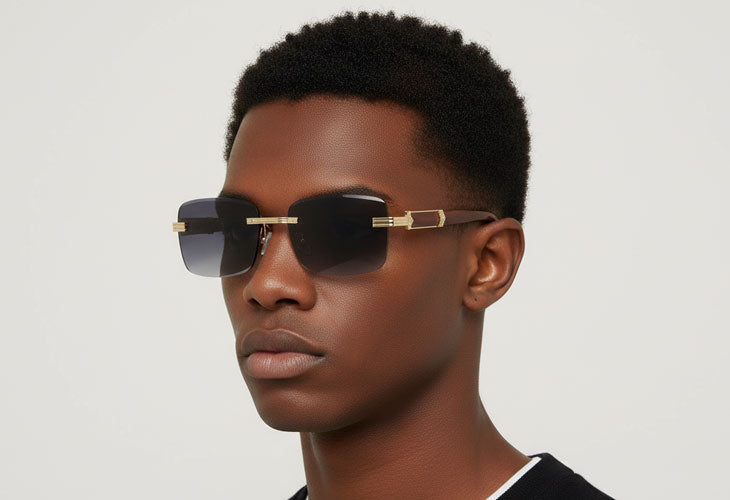 Person wearing a pair of sunglasses with a neutral background