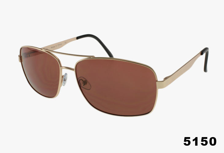 Gold-framed sunglasses with brown lenses on a white background