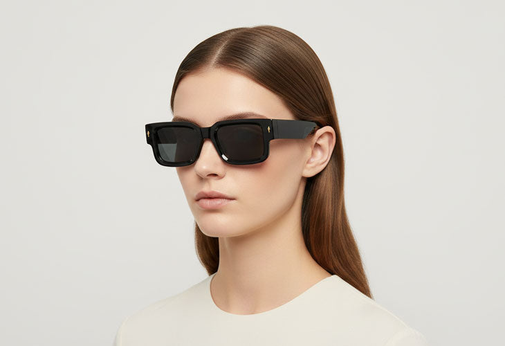Woman wearing black sunglasses against a plain background