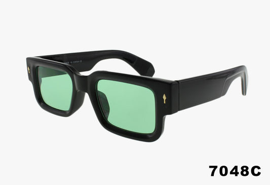 Thick black rectangular frame sunglasses with green lens