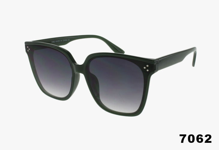 Dark emerald green frame square cat eye style sunglasses with gradient smoke lenses with 3 silver dot rivets on the corner of the frame at the temple