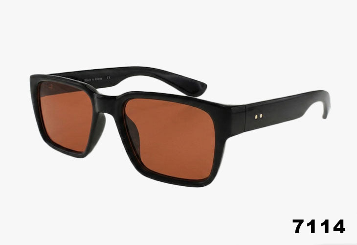 Black sunglasses with brown lenses on a white background