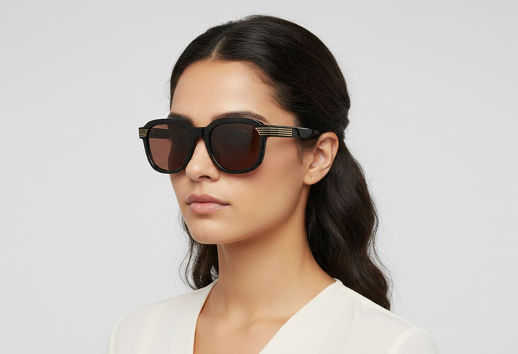 Woman wearing dark sunglasses against a light gray background